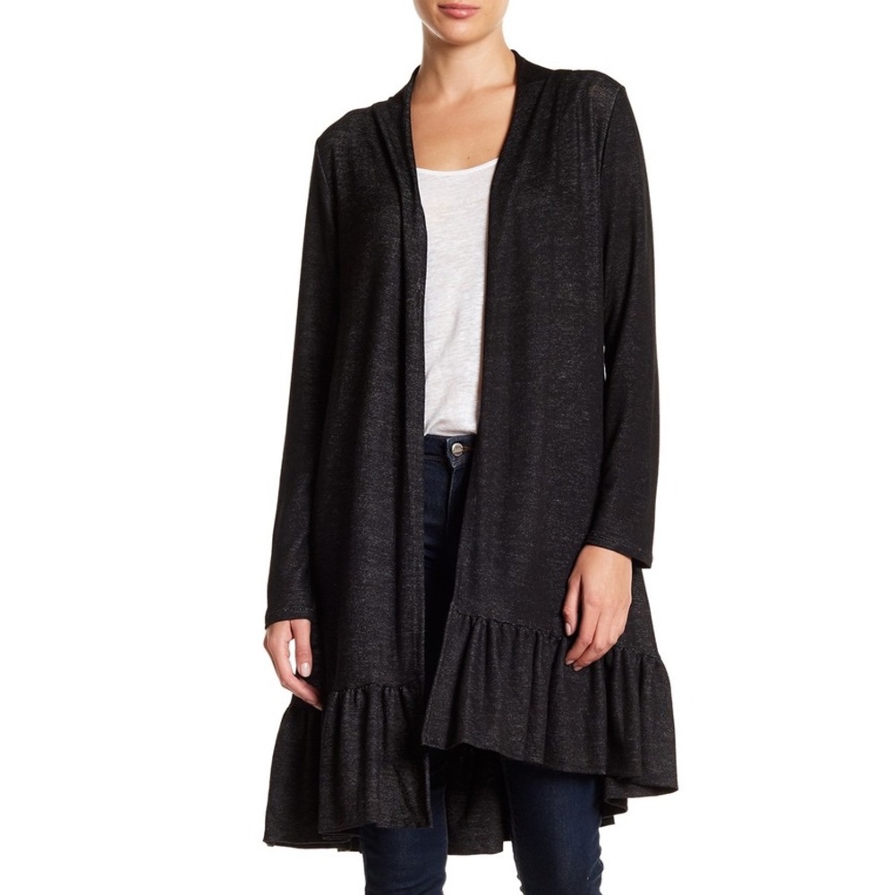 Betty Ruffle Hem Duster Cardigan in Black XS.